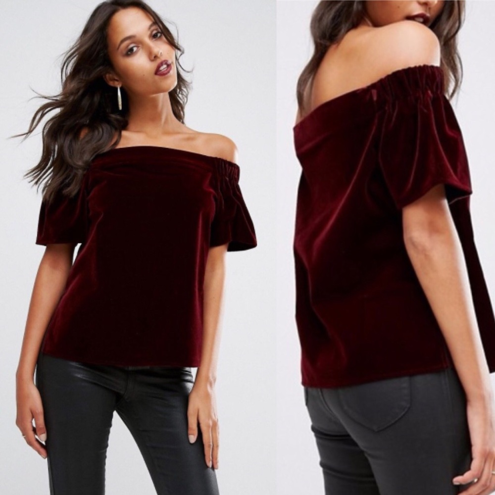 ASOS Off The Shoulder Velvet Top In Red Oxblood